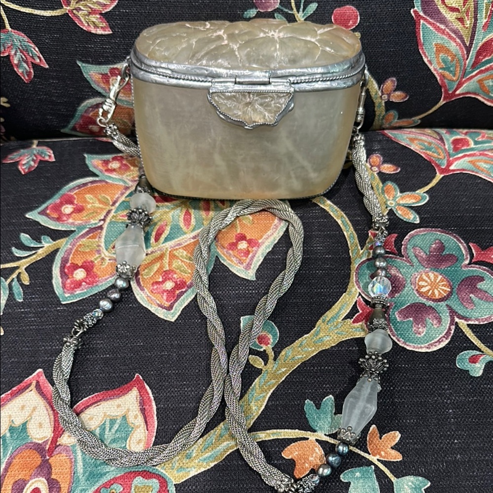 Maya Silver and Cream Clutch with Beaded Strap